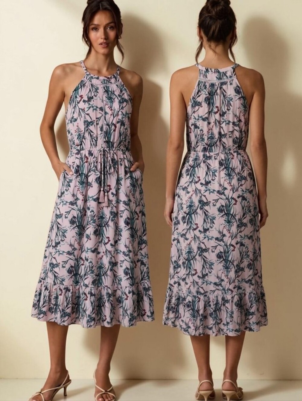 RACHEL ASHWELL Shabby Chic Floral Print Halter Maxi Dress - Size L